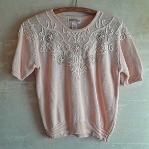 301a. peach vintage beaded embroidered ramie cotton short sleeve sweaters, M